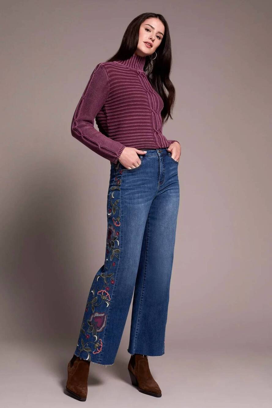 NEW TRIBAL brooke high rise embroidered wide leg jeans in bluedusk